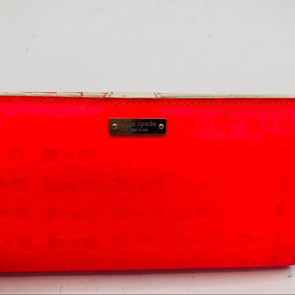 Kate Spade Pink Embossed Bow Wallet Snap Clutch Patent Leather Shiny Bag